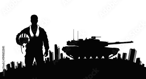 Silhouette of Soldier with Tank and Cityscape Background
