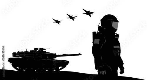 Silhouette of Soldier, Tank, and Fighter Jets in Desert Landscape