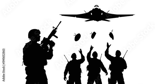 Silhouette of soldiers and stealth jet dropping bombs, military action, war concept