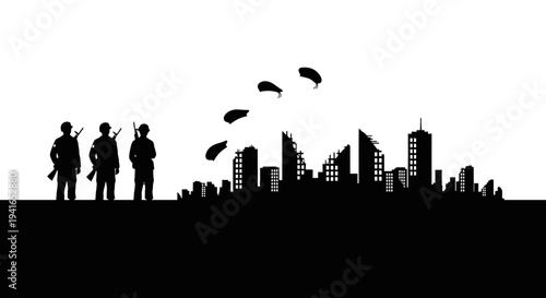 Silhouette of soldiers and destroyed city with falling objects, post-apocalyptic scene