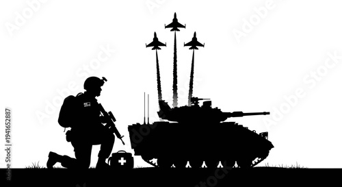 Silhouette of Soldier, Tank, and Fighter Jets in Formation