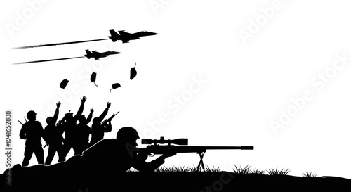 Silhouette of Soldiers and Fighter Jets in Combat Scene
