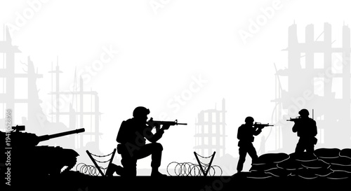 Silhouette of soldiers and tank in war zone with destroyed buildings and barbed wire
