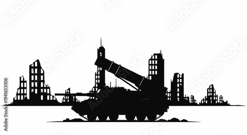 Silhouette of Tank in Ruined Cityscape, War Aftermath, Destruction
