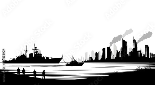 Silhouette of Warships and Destroyed Cityscape on River