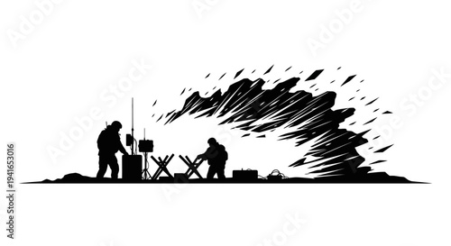 Silhouette of two people operating equipment with a large explosion behind them
