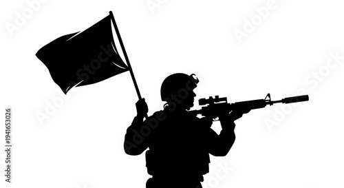 Silhouette Soldier with Rifle and Flag, Military Action, Combat, Warfare, Freedom Symbol