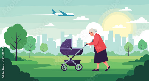 Active grandmother pushes a baby stroller through a green city park on a beautiful sunny day with a plane in the sky.