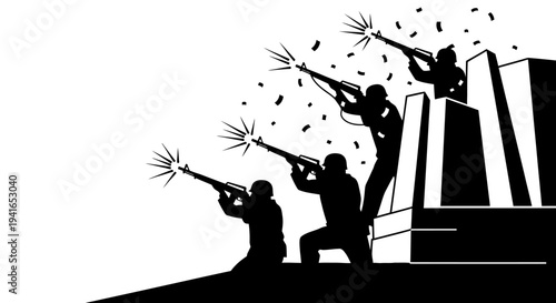 Silhouette Soldiers Firing Rifles in Battle, Abstract Background