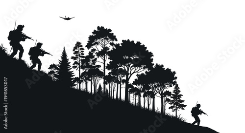 Silhouette Soldiers and Drone on Hillside Forest Background