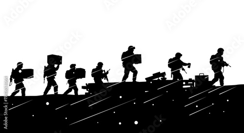 Silhouette soldiers carrying boxes and weapons, moving forward on a battlefield
