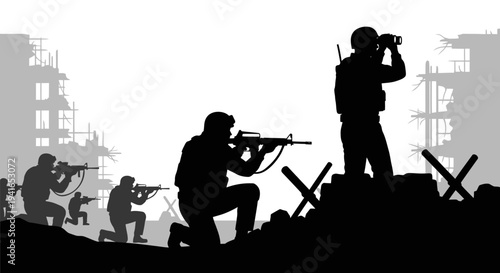 Silhouette soldiers in combat, destroyed buildings, war scene, military operation, tactical engagement