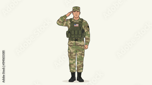 US Army soldier in camouflage uniform performing a respectful salute gesture