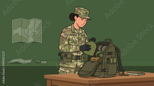 A focused female soldier meticulously packing her military backpack with essential gear and a canteen in a room