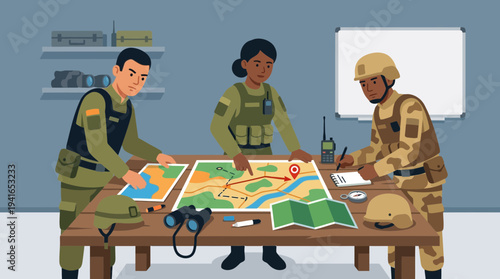 Military Team Strategizing with Maps and Binoculars in Command Center
