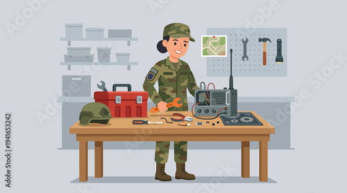 Female soldier repairing radio equipment in a military workshop with tools and toolbox on a table