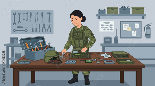 Female soldier diligently repairs radio equipment on a workbench with tools in a military workshop setting