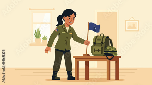 Smiling female soldier in uniform holding a flag with backpack and helmet nearby