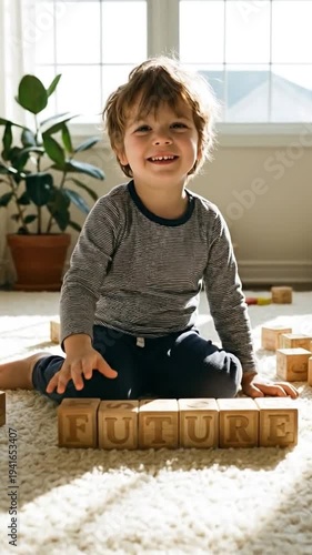 Happy child playing with wooden blocks on carpet near window