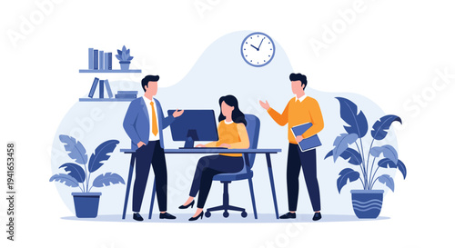 Group of business colleagues engage in a friendly discussion while working together in a modern, light blue office space.