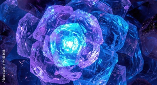 Vibrant blue and purple glowing abstract crystal formation, resembling a radiant flower