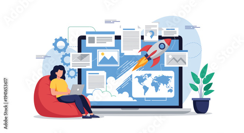 Creative woman works on her laptop to launch a new business startup as a rocket ship blasts off from the computer screen.