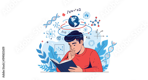 Young man reads a book as complex scientific concepts like DNA, atoms, and formulas float above his head in an aura.