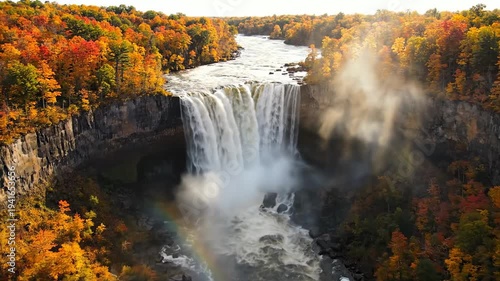 Majestic waterfall flowing in autumn scenery with vibrant fall foliage and rainbow mist creating awe inspiring natural beauty