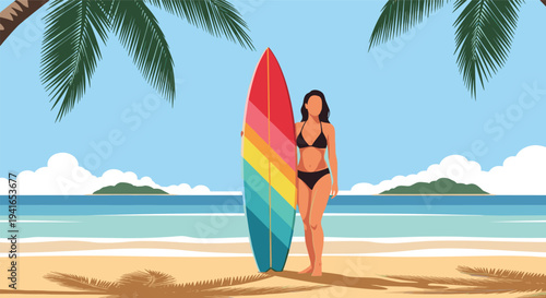 Beautiful woman in a black bikini poses with a colorful rainbow surfboard on a sunny tropical beach with palm trees.