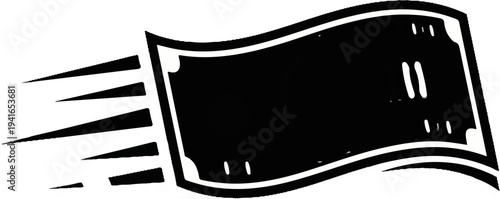 Black stylized bill moving fast with trailing motion lines