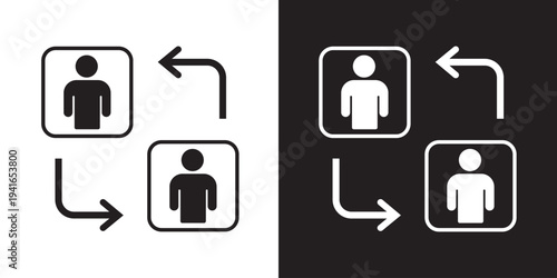 Two framed user profiles with arrows showing a directional flow or swap. Illustrates data migration, account transfer, switching users, or profile synchronization.