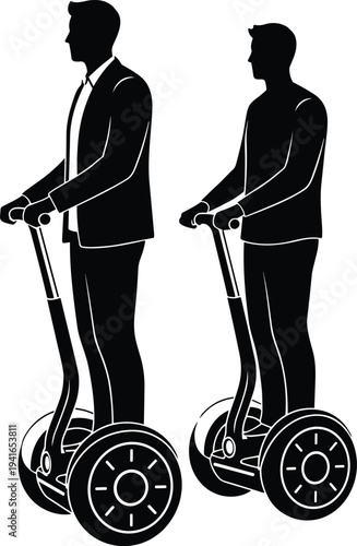 Businessman riding electric self balancing scooter segway silhouette urban transport personal mobility device modern city commuting vector illustration