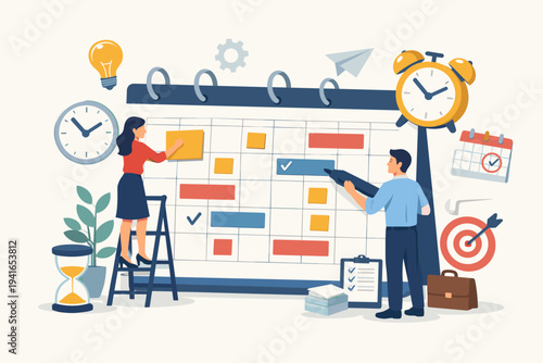 Business Team Collaborating on Project Planning and Time Management with Large Calendar. People Scheduling Appointments, Setting Deadlines, and Managing Workflow for Productivity and Success.