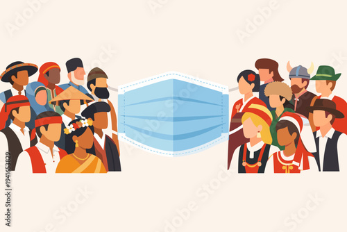 Diverse Group of People from Different Cultures and Ethnicities in Traditional Clothing Separated by a Large Surgical Face Mask, Global Pandemic and Social Distancing Flat Vector Illustration