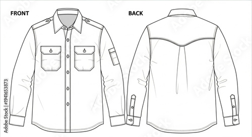 Technical drawing of a long-sleeved shirt with front and back views.