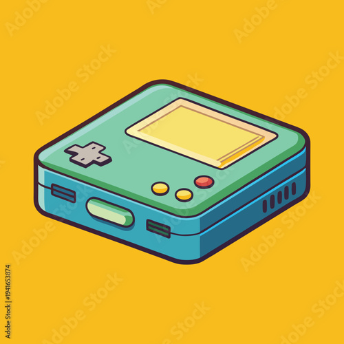 Retro handheld gaming console with colorful design on a yellow background