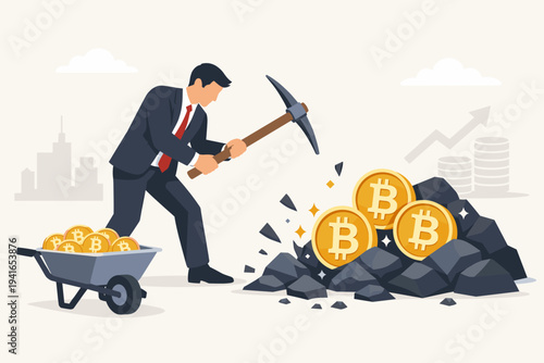 Businessman in a suit mining Bitcoin cryptocurrency with a pickaxe from a pile of rocks, wheelbarrow full of gold BTC coins, financial growth and digital asset mining concept vector illustration.