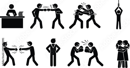 Human Conflict and Violence Stick Figure Silhouette Icons Showing Fighting, Office Stress, Bullying, Hugging and Emotional Situations Vector Set