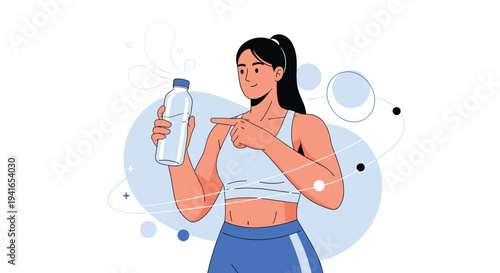 Athletic woman in sports wear points to a clear water bottle and promotes hydration and a healthy active lifestyle.