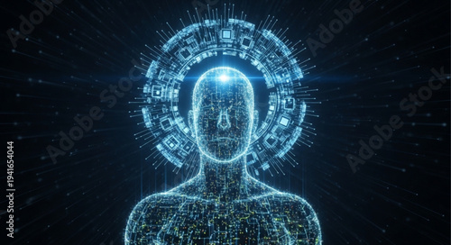 Futuristic Digital Human Avatar with Headphones and Data Network.