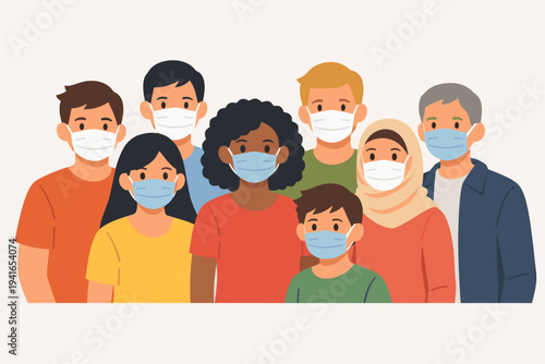 Diverse Group of People Wearing Protective Face Masks Standing Together, Flat Vector Illustration of Multicultural Community for Health and Safety Awareness During Pandemic, Men Women and Children.