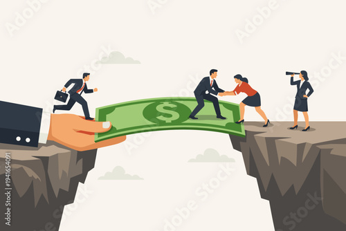 Vector illustration of a giant hand holding a dollar bill as a bridge across a cliff gap, helping business people overcome financial obstacles, economic crisis, and achieve success and growth.