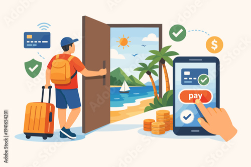Vector Illustration of a Tourist with a Suitcase Opening a Door to a Tropical Beach Vacation Destination by Paying Online via Mobile App, Digital Payment for Travel Booking and Summer Holiday Trip.