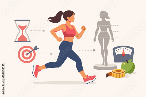 Flat Vector Illustration of a Young Woman Jogging to Achieve Her Fitness Goals and Ideal Body Shape with Icons for Time Management, Target Setting, Weight Loss, Healthy Diet, and Body Measurements.