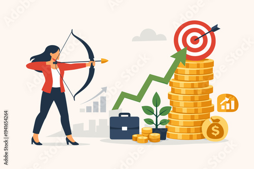 Ambitious businesswoman aiming bow and arrow at a bullseye target on a stack of gold coins, symbolizing financial success, investment goals, wealth growth, strategic planning, and achievement.