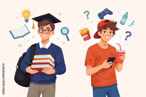 Vector illustration of an educated student with graduation cap and books versus a distracted young man with a phone and junk food, representing knowledge, success, and different life paths.