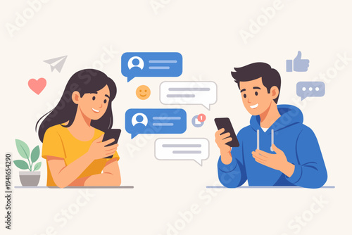Flat Vector Illustration of a Young Woman and Man Chatting via Mobile App Messaging and Social Media Icons for Digital Communication Online Dating and Connection Concept on White Background