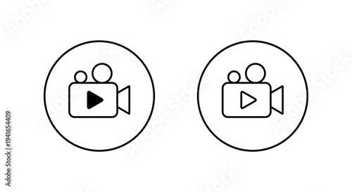 Video play outline icon in circular line. Film camera symbol. Media recording sign
