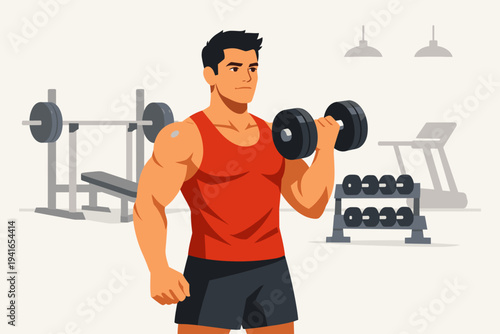 Muscular Man Lifting Heavy Dumbbell in Modern Gym with Bench Press and Treadmill, Flat Vector Illustration of Bodybuilder Training for Fitness and Strength, Healthy Lifestyle Exercise Concept