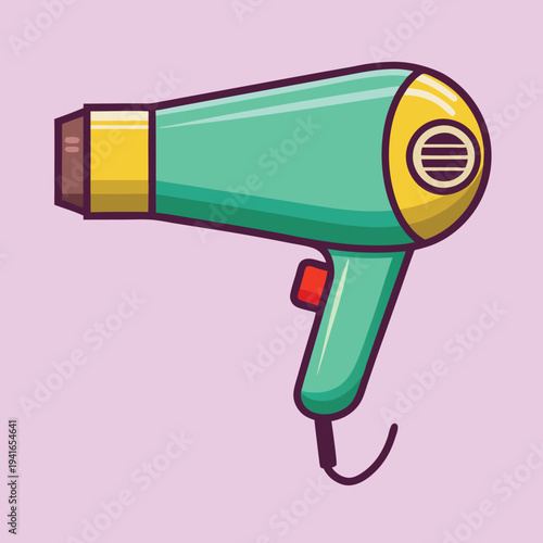 Cartoon style turquoise hair dryer on a light pink background illustration